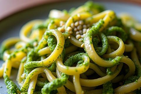Piatto di Mandilli de Saea pasta con sugo di pesto fresco