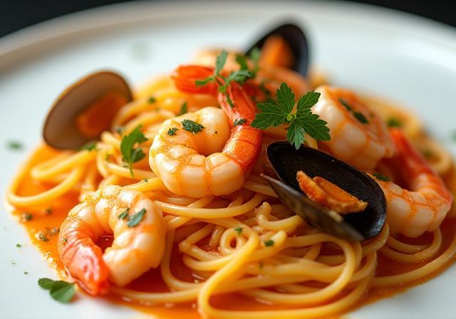 Piatto di pasta fresca con frutti di mare
