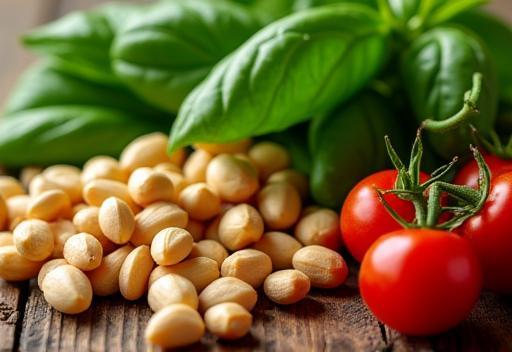 Selezione di ingredienti liguri freschi: basilico, pinoli, pomodori